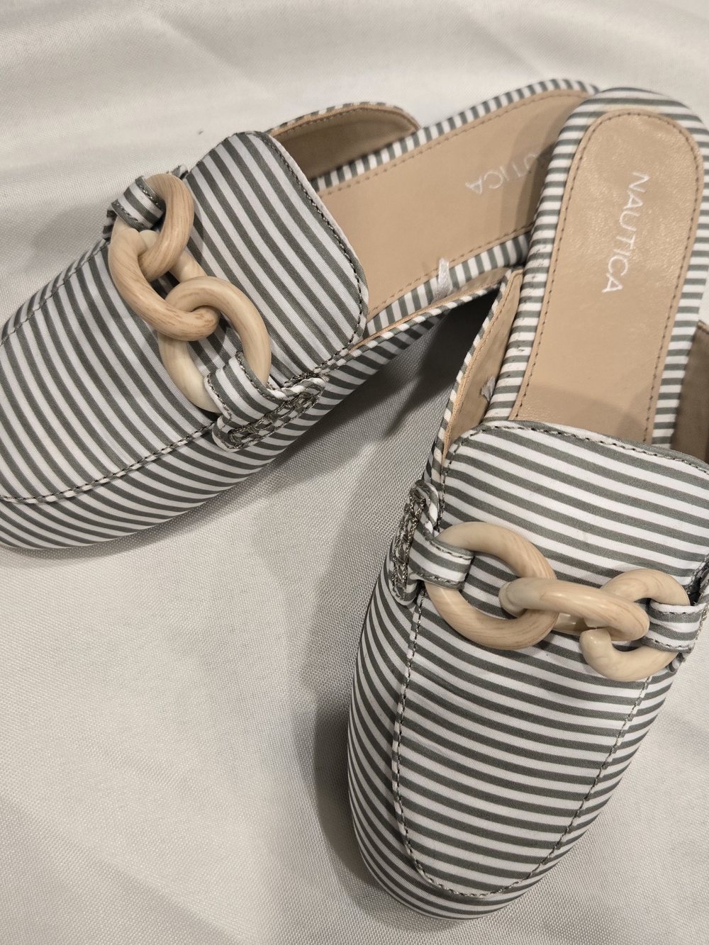 Nautica Striped Gray & White Slip-On Chain-Link Mules